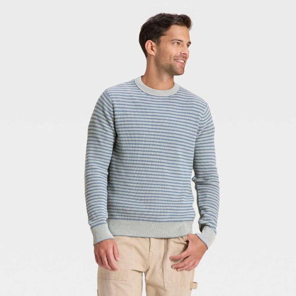 Men's Textured Striped Crewneck Sweater - Goodfellow & Co Blue M